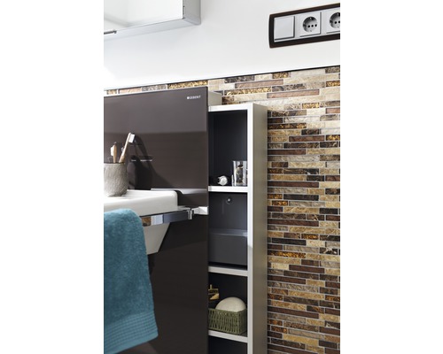 Badezimmer Szene mit Waschbecken, Spiegelschrank von Geberit und Regal