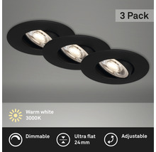 Drei schwarze, dimmbare Einbaustrahler im Set mit warmweissem Licht und flachem Design.