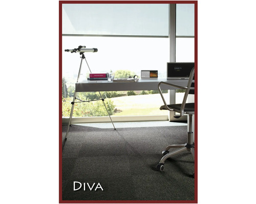 Büro mit Schreibtisch, Teleskop und grauem Teppichboden