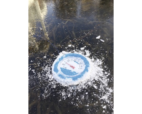 Ein Thermometer liegt auf einer Eisfläche.