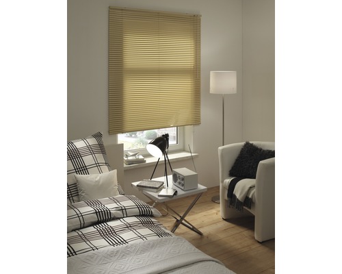 Wohnraum mit Fensterjalousie, Bett und Sessel