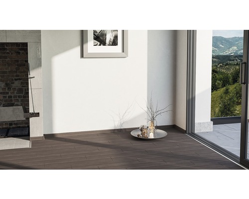 Innenraum mit dunklem Holzboden, Dekoration und Blick nach draußen