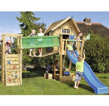 Holzspielhaus mit Rutsche, Kletterwand und Sandkasten für Kinder im Garten
