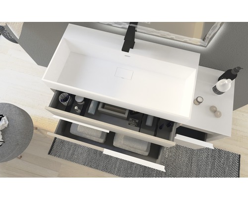 Waschtischunterschrank mit offenem Schubfach und Waschtisch