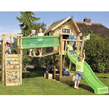 Stelzenhaus Jungle Gym Crazy XL Holz mit Hängebrücke, Kletterwand, Sandkasten, Rutsche hellgrün