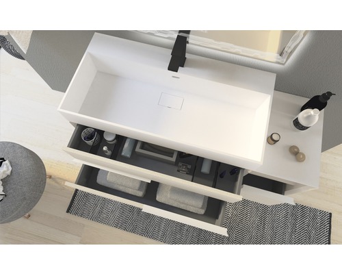 Waschtischunterschrank mit offenem Schubladensystem und rechteckigem Waschbecken