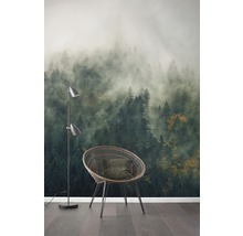 Szene mit Vliestapete, die einen nebligen Wald zeigt, einem Stuhl und einer Stehlampe