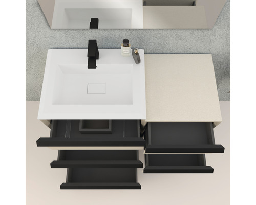 Waschtischkombination mit Becken, Armatur und offenen Schubladen