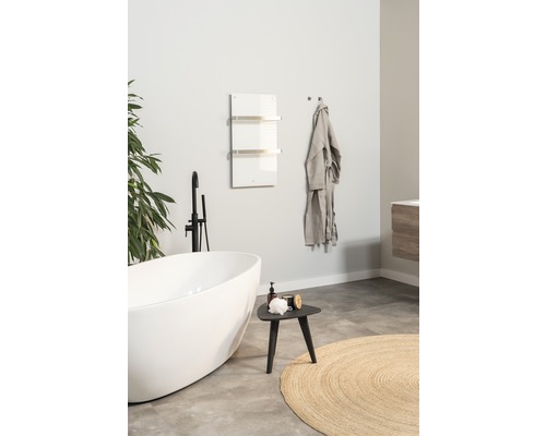 Modernes Badezimmer mit freistehender Badewanne, Handtuchwärmer und Dekorationen