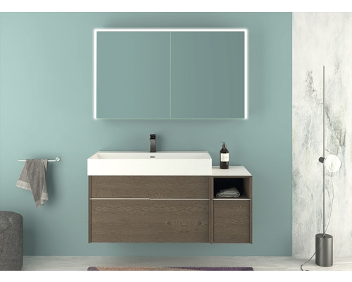 Badezimmer mit Waschbeckenunterschrank, Waschbecken und Spiegelschrank mit Beleuchtung