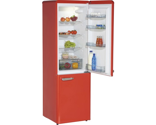 Offener roter Kühlschrank mit Lebensmitteln