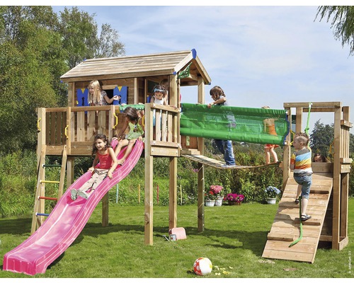 Stelzenhaus Jungle Gym Playhouse Holz mit Hängebrücke, Kletterwand, Rutsche fuchsia