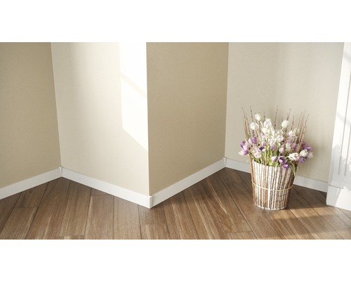 Ecke eines hellen Raumes mit Holzfußboden, weißen Fußleisten und einem Blumenstrauß in einem Topf