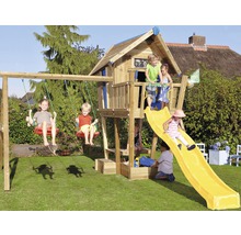 Holzspielhaus mit Schaukel, Rutsche und Sandkasten für Kinder im Garten