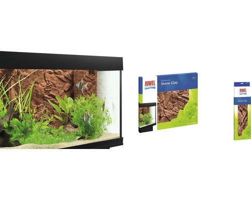 Dekoratives Aquarium mit Juwel Stone Clay Rückwand und Produktverpackung