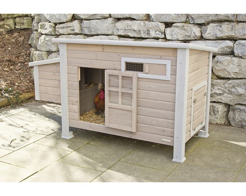 Hühnerstall aus Holz mit Hühnchen im Garten