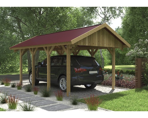 Carport aus Holz mit rotem Dach und darunter geparktem Auto.
