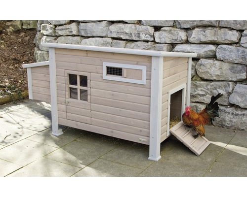 Hühnerstall aus Holz mit Hühnerleiter und Hahn