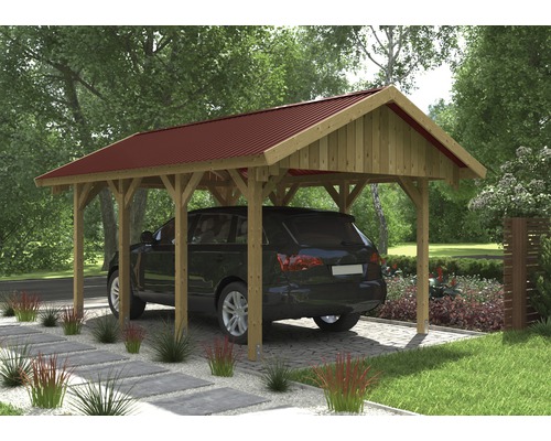 Carport aus Holz mit rotem Dach und darunter geparktem Auto.