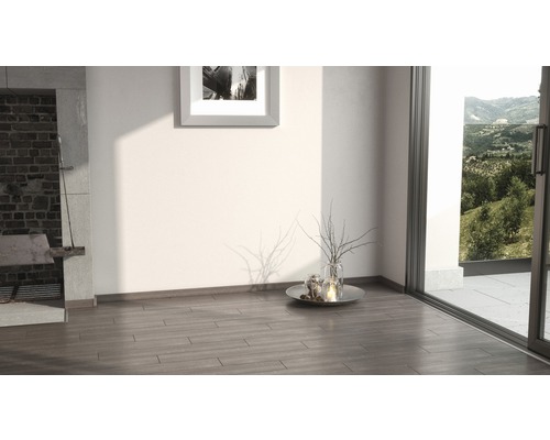 Innenraum mit Holzboden, Kamin und Fenster mit Aussicht