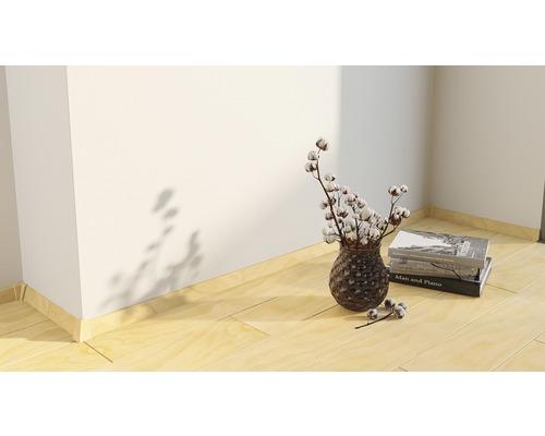 Dekorative Szene mit Vase, Baumwollzweigen und Büchern auf Holzboden.