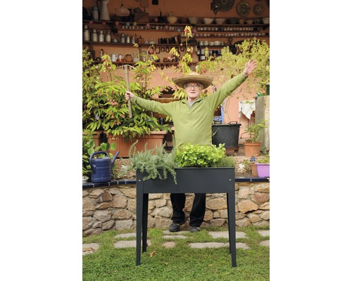 Ein Mann mit einem Strohhut steht hinter einem Hochbeet mit Pflanzen im Garten.