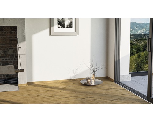 Innenraum mit Holzboden, Kamin und Schiebetür zur Terrasse