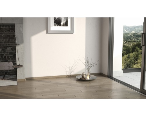 Heller Raum mit Holzboden, Kamin und Blick nach draußen