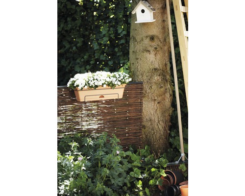 Gartenszene mit Blumenkasten, Flechtzaun, Baum und Vogelhaus