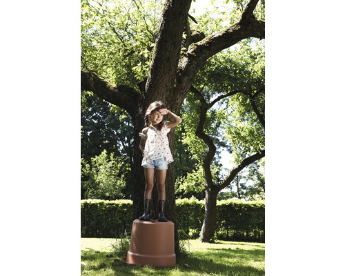 Mädchen steht auf umgedrehtem Blumentopf im Garten unter einem Baum