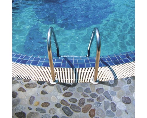 Schwimmbadleiter aus Metall mit Steintreppe zum Becken