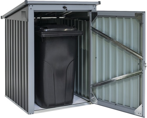 Mülltonnenbox aus Metall mit geöffneter Tür und Mülltonne