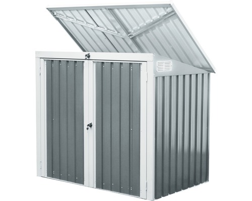 Metall Gerätehaus mit geöffnetem Deckel und Doppeltür