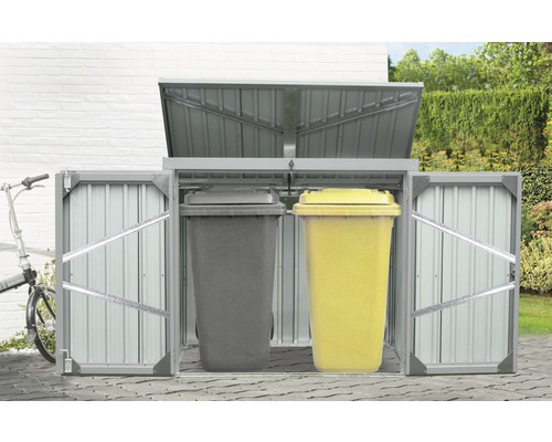 Mülltonnenbox aus Metall mit zwei Mülltonnen