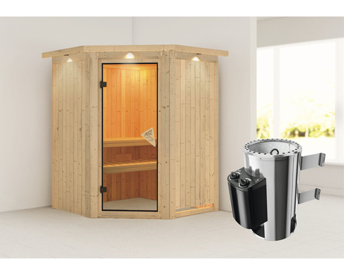 Plug & Play Sauna Karibu Achat II inkl. 3,6 kW Ofen u.integr.Steuerung und Dachkranz mit bronzierter Ganzglastüre
