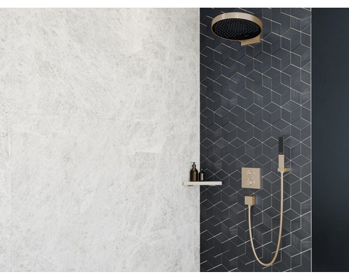 Badezimmer mit Kopfbrause, Handbrause, Ablage und Fliesen