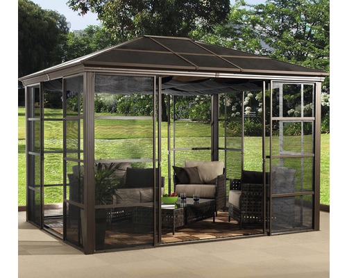 Pavillon SOJAG Castel 10x12 mit Moskitonetz 345 x 280 cm bronze Pavillon mit Möbeln im Garten