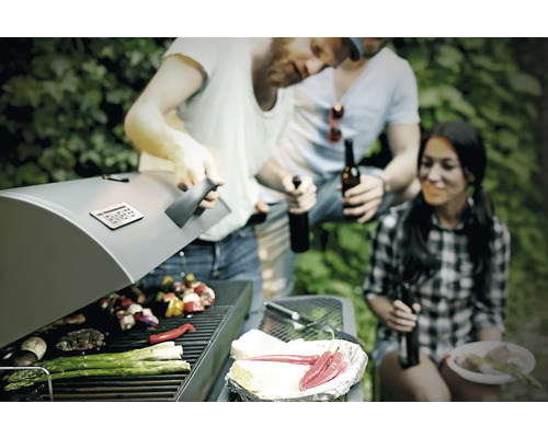 Grillszene mit Personen, Grillgut und Getränken