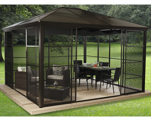 Pavillon SOJAG Castel 12x14 mit Moskitonetz 410 x 345 cm bronze Pavillon mit Moskitonetz, Tisch und Sitzmöbeln im Garten