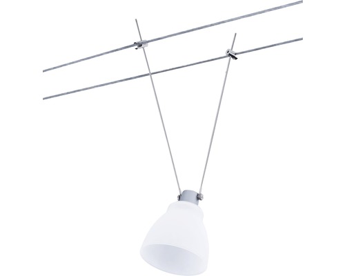 Seilsystemleuchte mit Glaslampenschirm und Drahtseilaufhängung