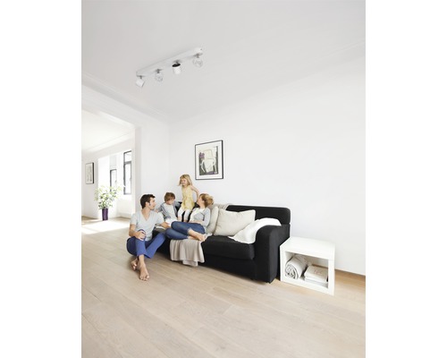 Wohnzimmer mit Sofa, Beistelltisch und Deckenleuchte mit Strahlern