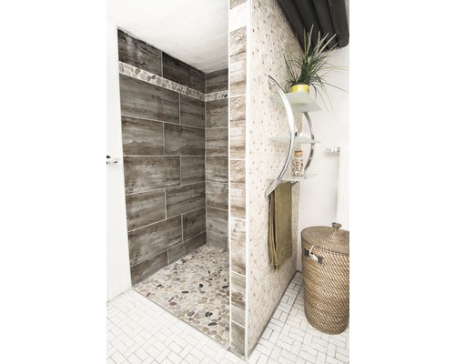 Badezimmer mit Dusche, Fliesen und Dekoartikeln für eine helle und freundliche Atmosphäre.