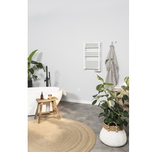 Badezimmer mit Badewanne, Handtuchwärmer und Dekorationen