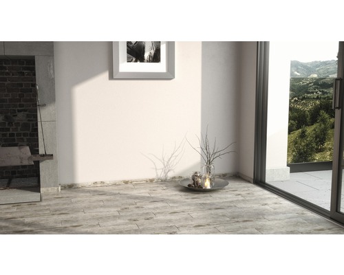 Innenraum mit Grill, Dekoration und Blick ins Grüne