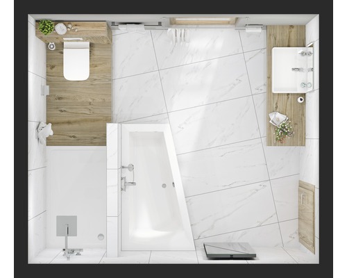 Vogelperspektive eines hellen Badezimmers mit Toilette, Badewanne, Dusche und Waschtisch