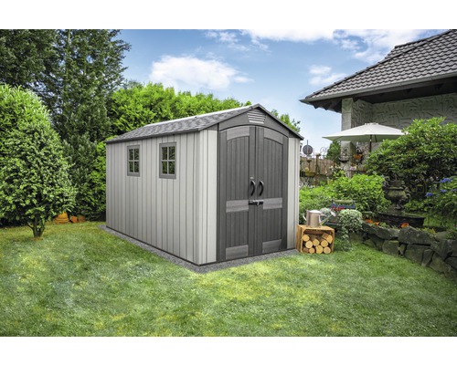 Gerätehaus LIFETIME Terra inkl. Fußboden 213 x 356 cm dunkelgrau Gartenschuppen im Garten mit Fenstern und Doppeltür