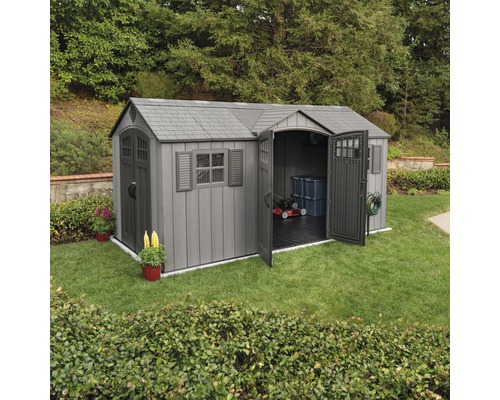 Gerätehaus LIFETIME Galaxis inkl. Fußboden 457 x 244 cm dunkelgrau Gartenschuppen mit geöffneten Türen, Rasenmäher und Aufbewahrungsboxen im Inneren