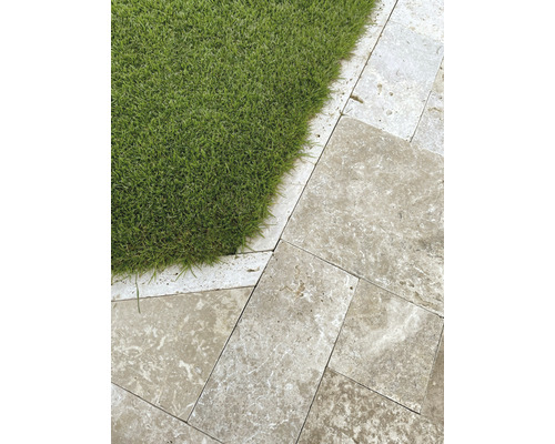 Gartenlandschaft mit Rasen und Steinplatten