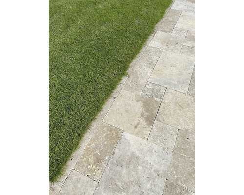 Gehwegplatten aus Naturstein neben einer Rasenfläche