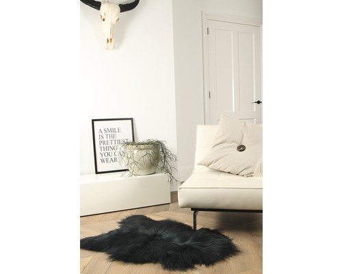 Wohnzimmer mit Teppich, Couch, Zimmerpflanze, Dekoration und Wanddekoration.